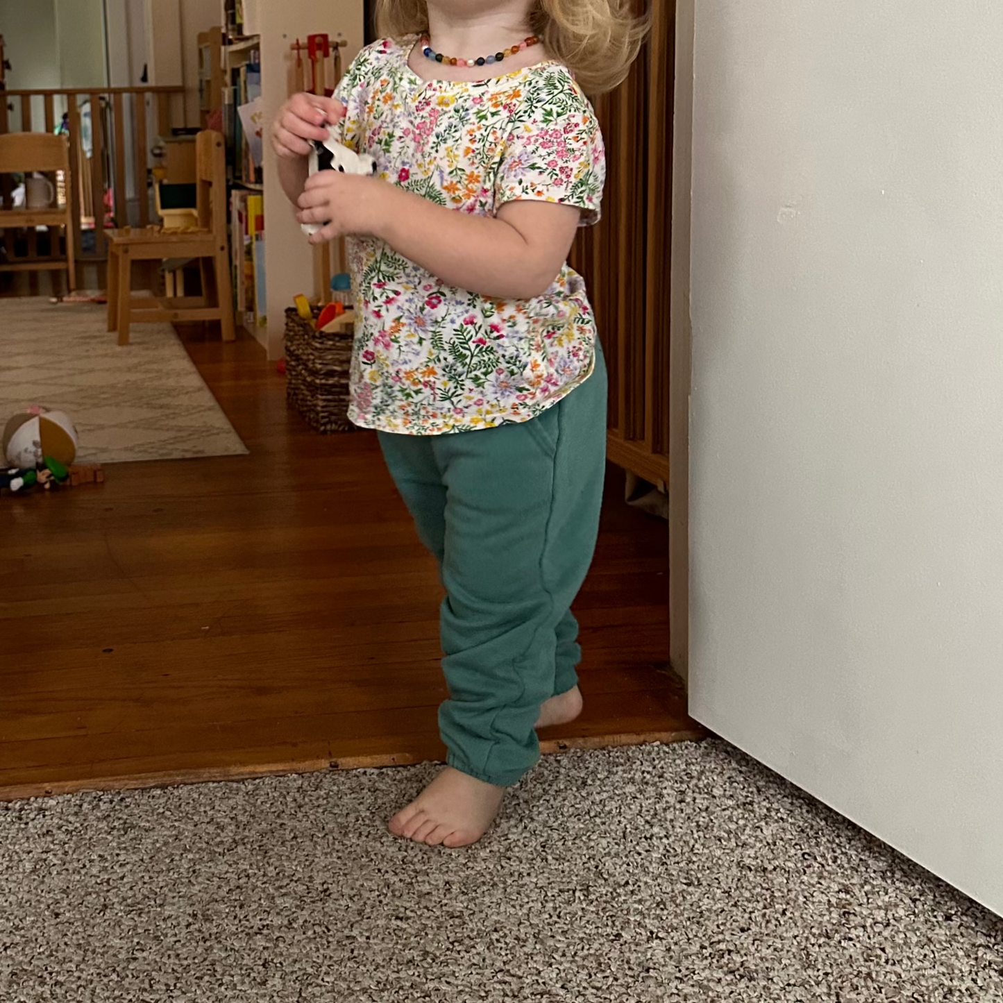 Child standing in a room with a carpeted floor and wooden furniture.