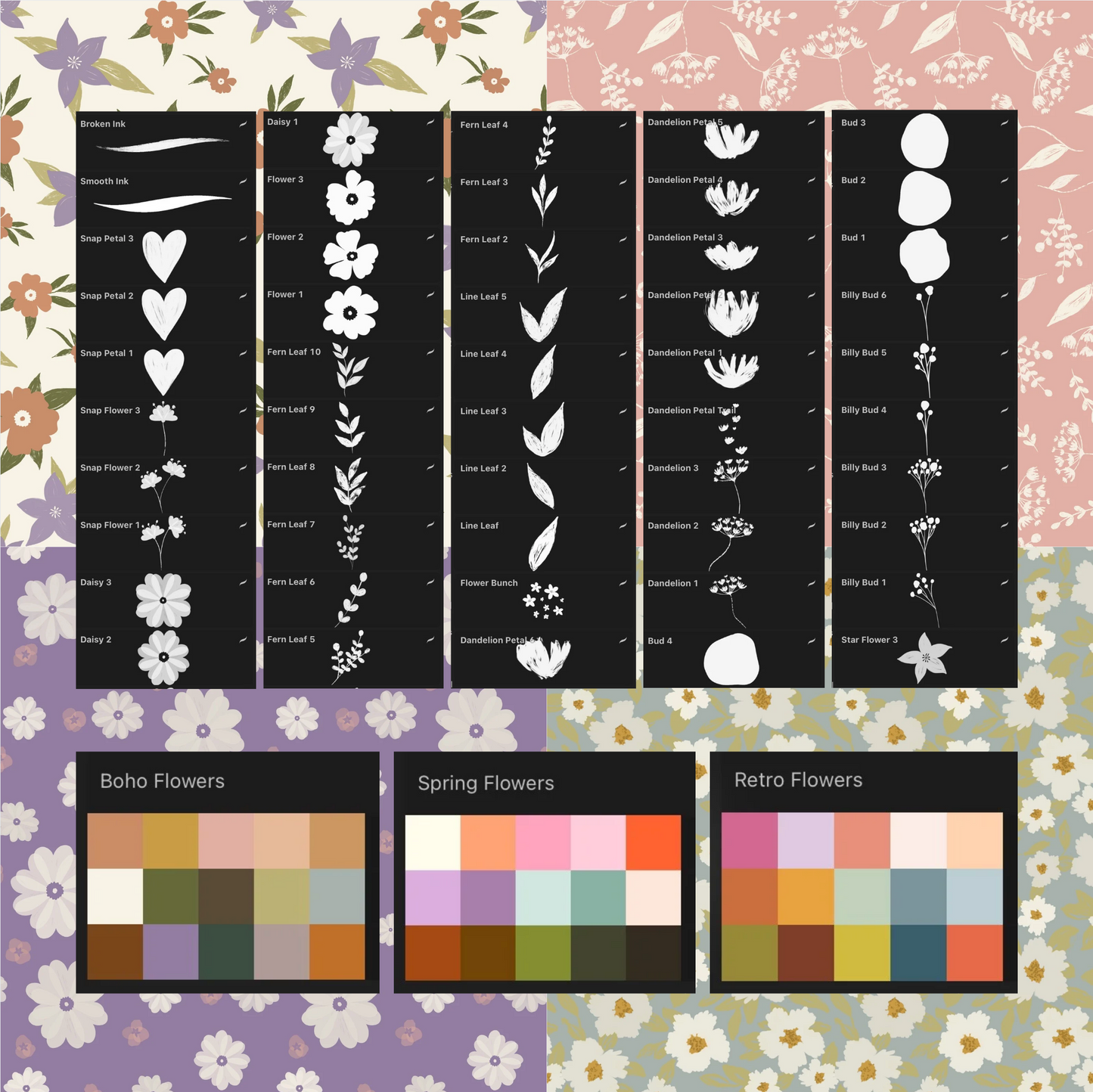 Procreate Floral Stamps : 50+ Hand Drawn Florals