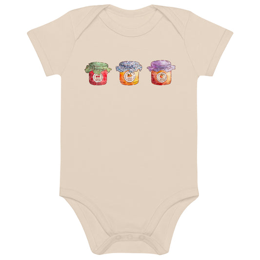A beige organic bodysuit for babies with a graphic of three colorful jam jars across the chest.