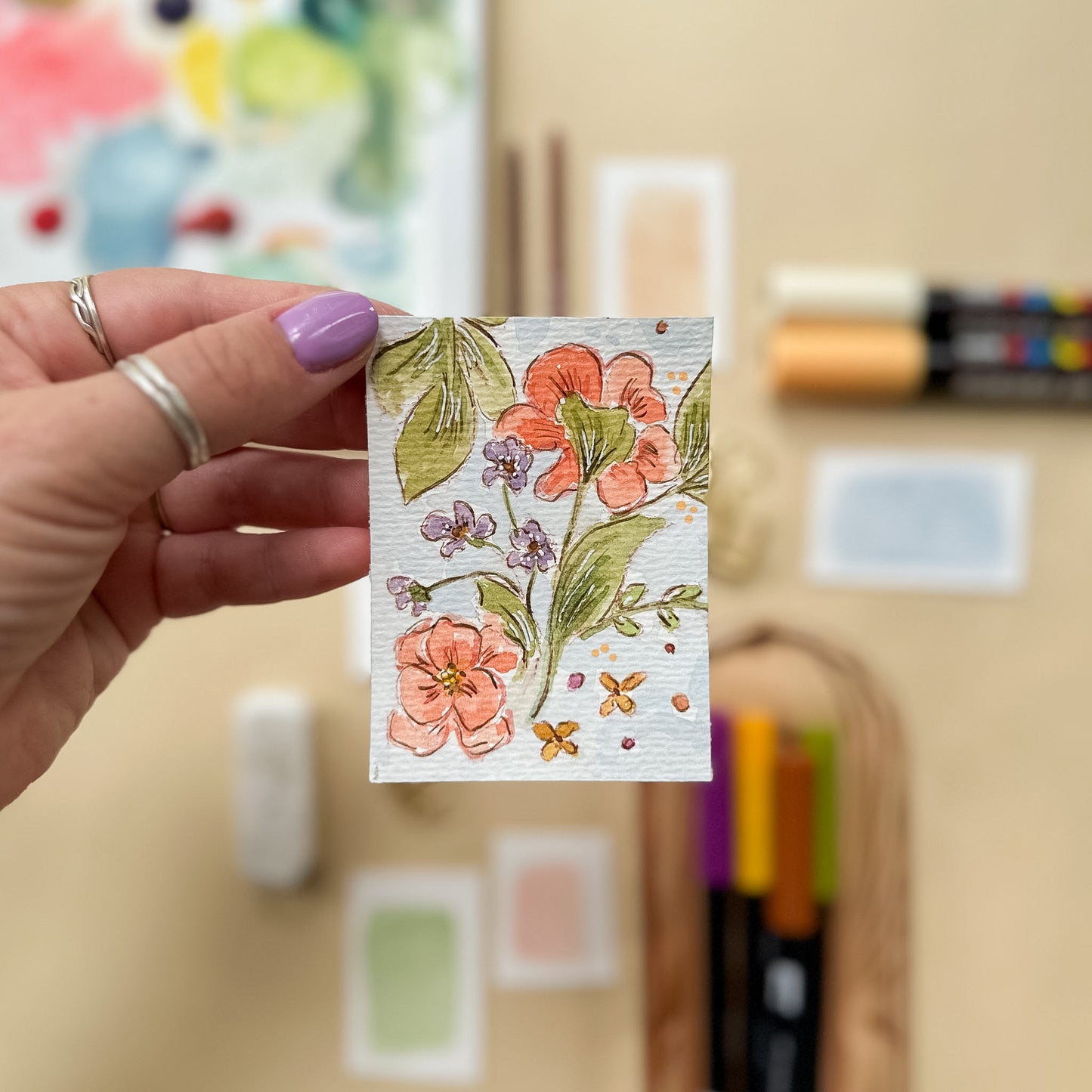 Poppies and Violets #5 – Original ACEO Painting (Batch 020 #5)