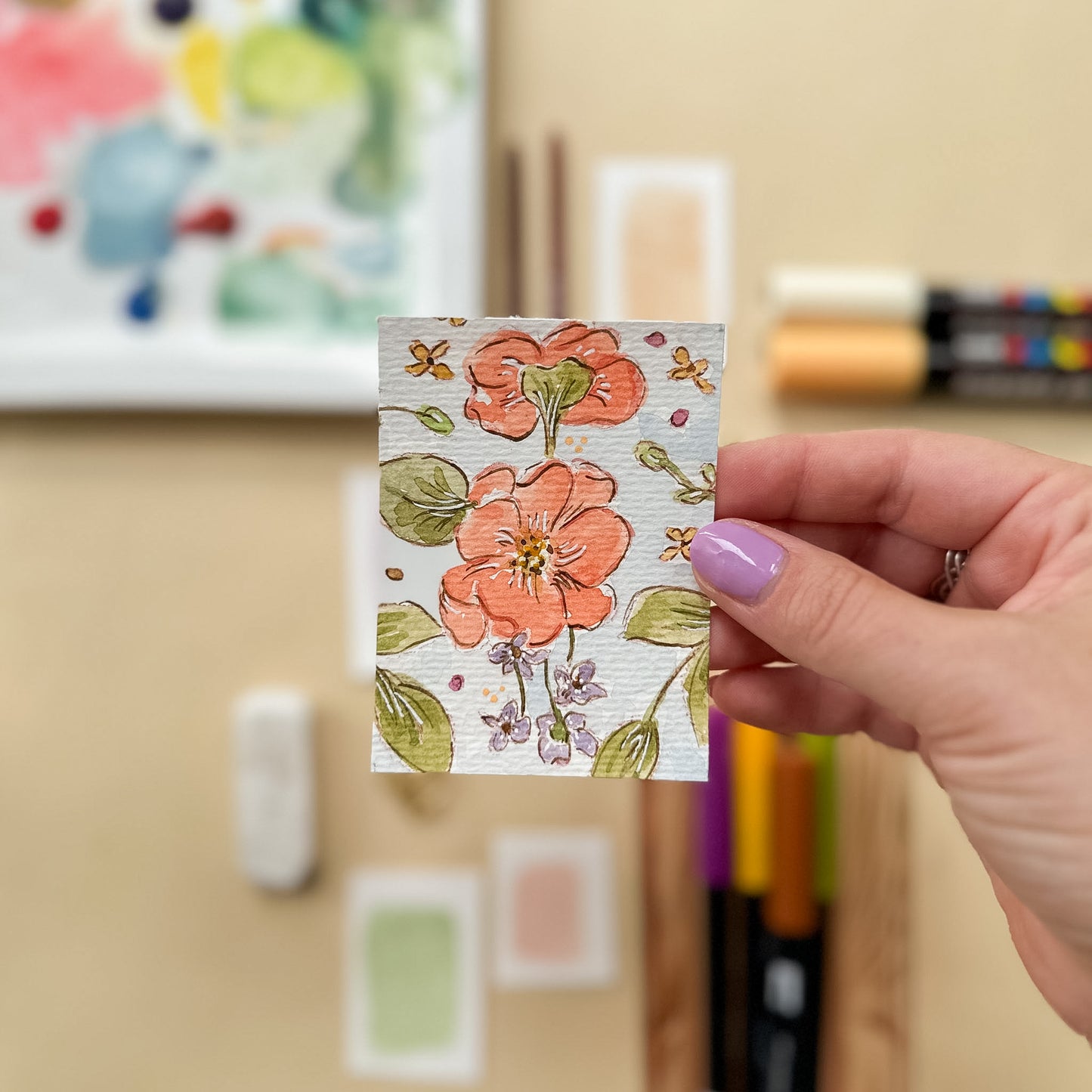 Poppies and Violets #6 – Original ACEO Painting (Batch 020 #6)